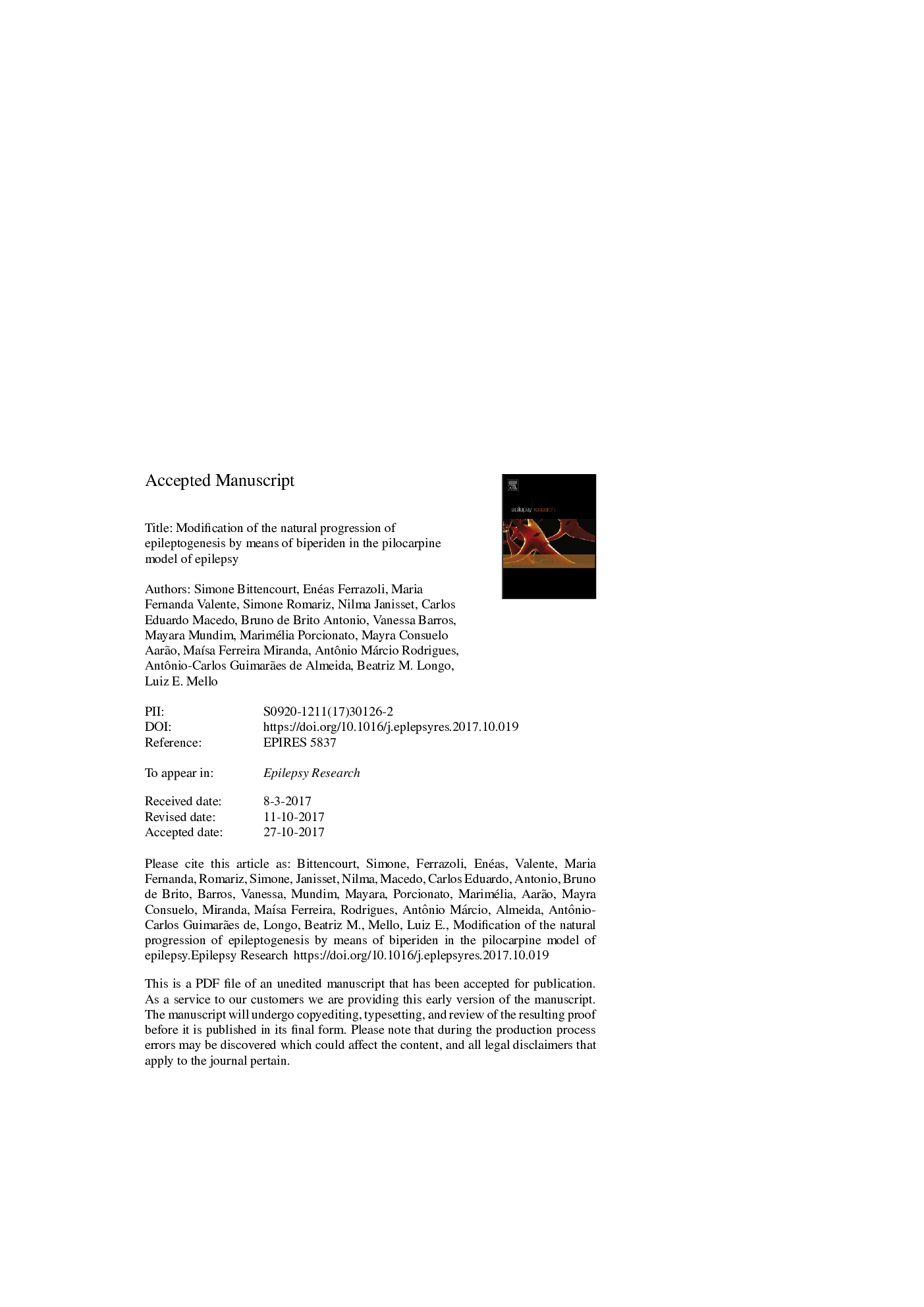 Modification of the natural progression of epileptogenesis by means of biperiden in the pilocarpine model of epilepsy