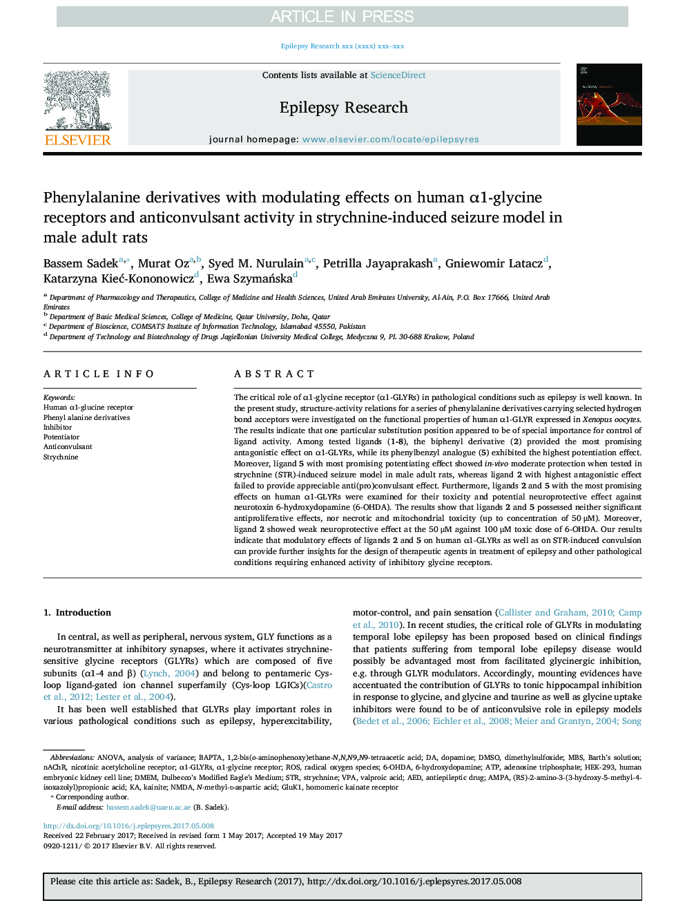 Phenylalanine derivatives with modulating effects on human Î±1-glycine receptors and anticonvulsant activity in strychnine-induced seizure model in male adult rats