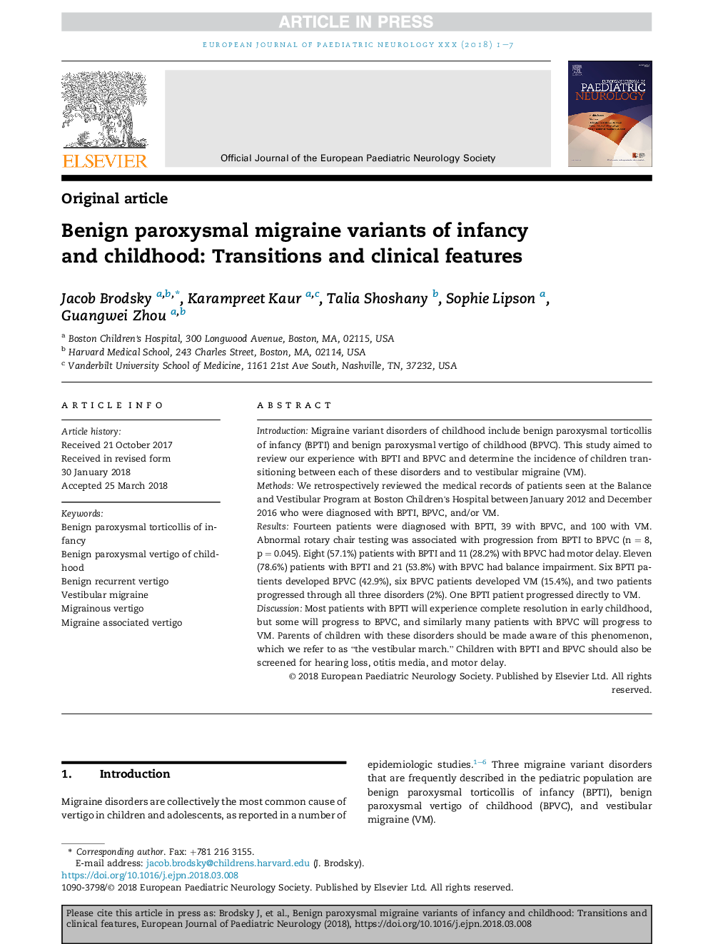 Benign paroxysmal migraine variants of infancy and childhood: Transitions and clinical features