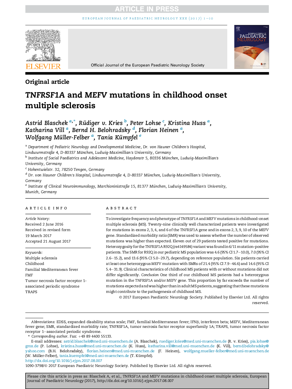 TNFRSF1A and MEFV mutations in childhood onset multiple sclerosis