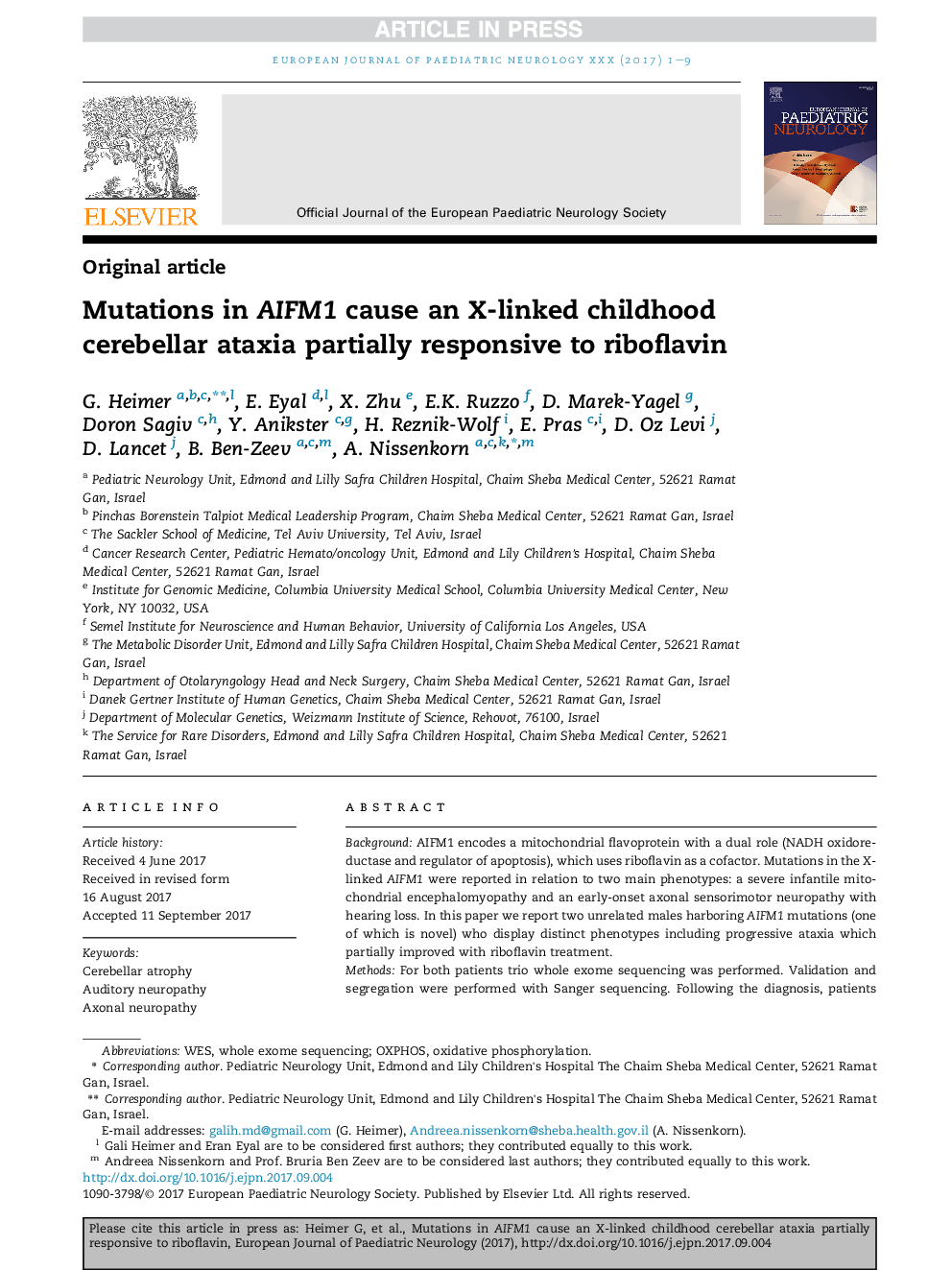 Mutations in AIFM1 cause an X-linked childhood cerebellar ataxia partially responsive to riboflavin