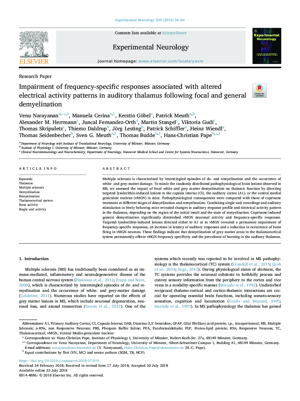 Impairment of frequency-specific responses associated with altered electrical activity patterns in auditory thalamus following focal and general demyelination