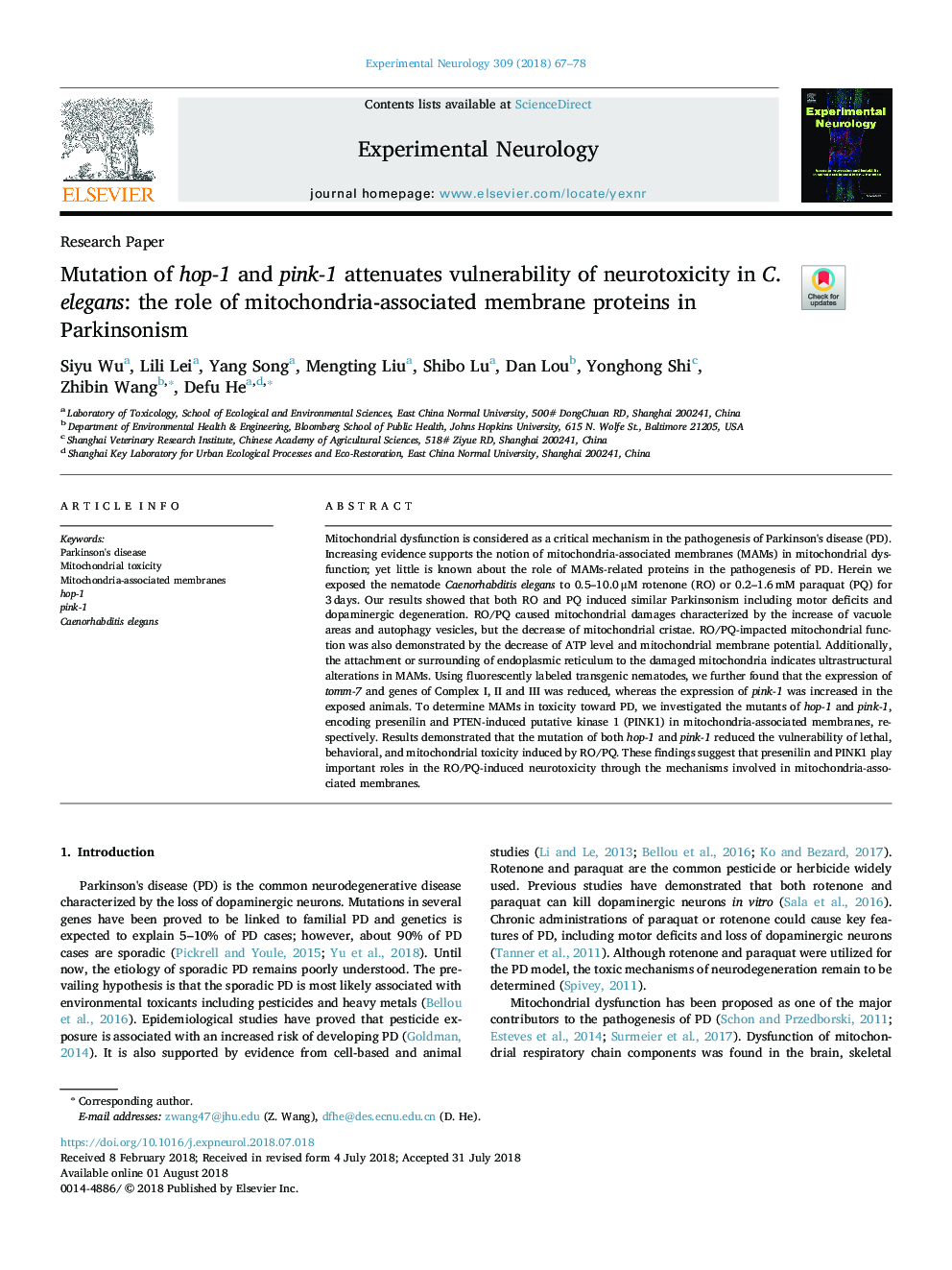 Mutation of hop-1 and pink-1 attenuates vulnerability of neurotoxicity in C. elegans: the role of mitochondria-associated membrane proteins in Parkinsonism