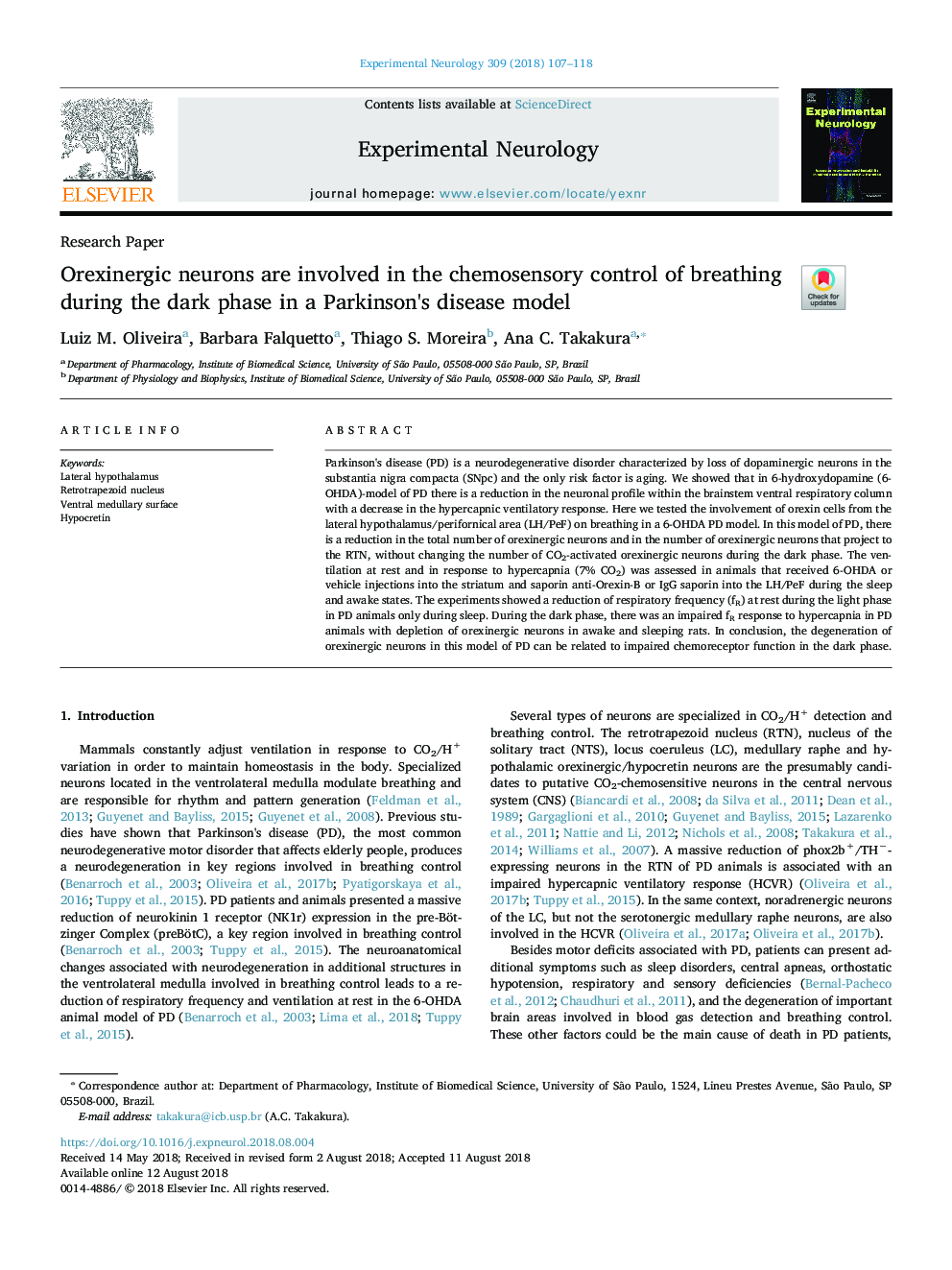 Orexinergic neurons are involved in the chemosensory control of breathing during the dark phase in a Parkinson's disease model