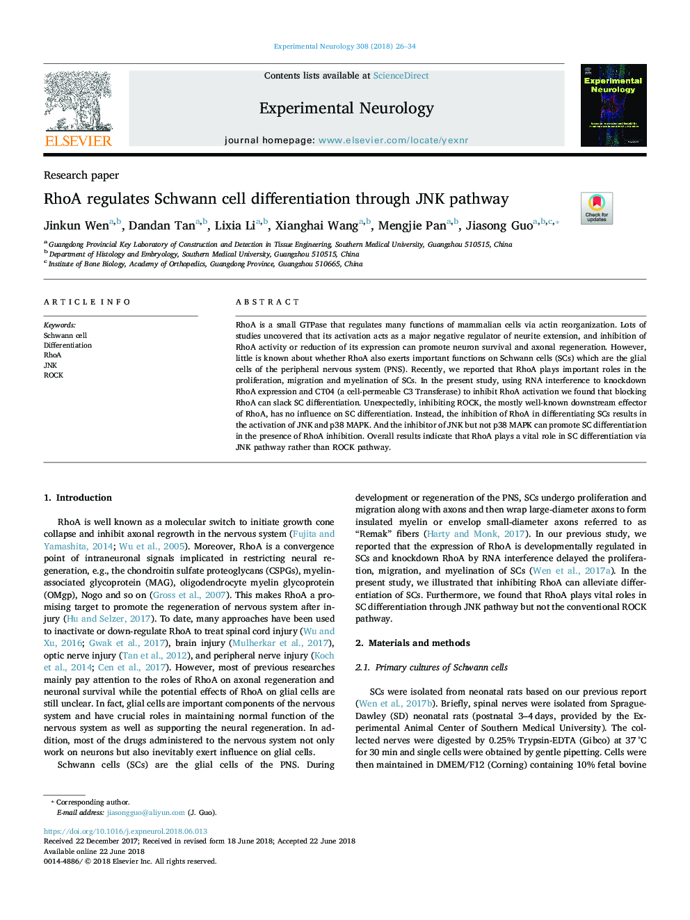 RhoA regulates Schwann cell differentiation through JNK pathway