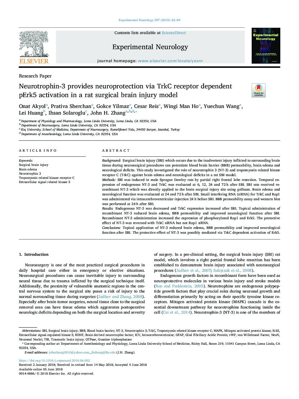 عکس صفحه اول مقاله: Neurotrophin-3 provides neuroprotection via TrkC receptor dependent pErk5 activation in a rat surgical brain injury model Neurotrophin-3 provides neuroprotection via TrkC receptor dependent pErk5 activation in a rat surgical brain injury model