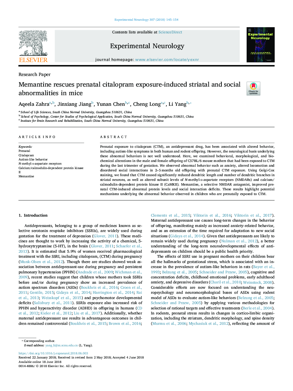 Memantine rescues prenatal citalopram exposure-induced striatal and social abnormalities in mice