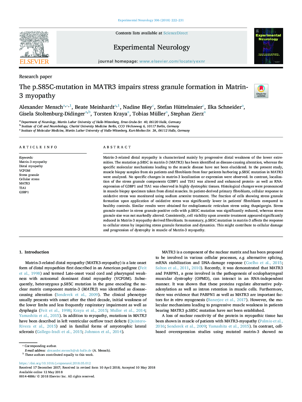 The p.S85C-mutation in MATR3 impairs stress granule formation in Matrin-3 myopathy