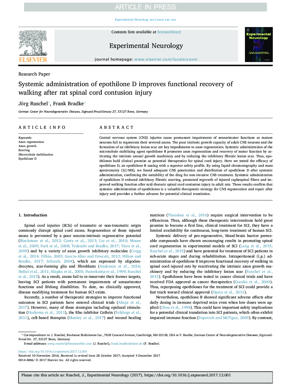 Systemic administration of epothilone D improves functional recovery of walking after rat spinal cord contusion injury