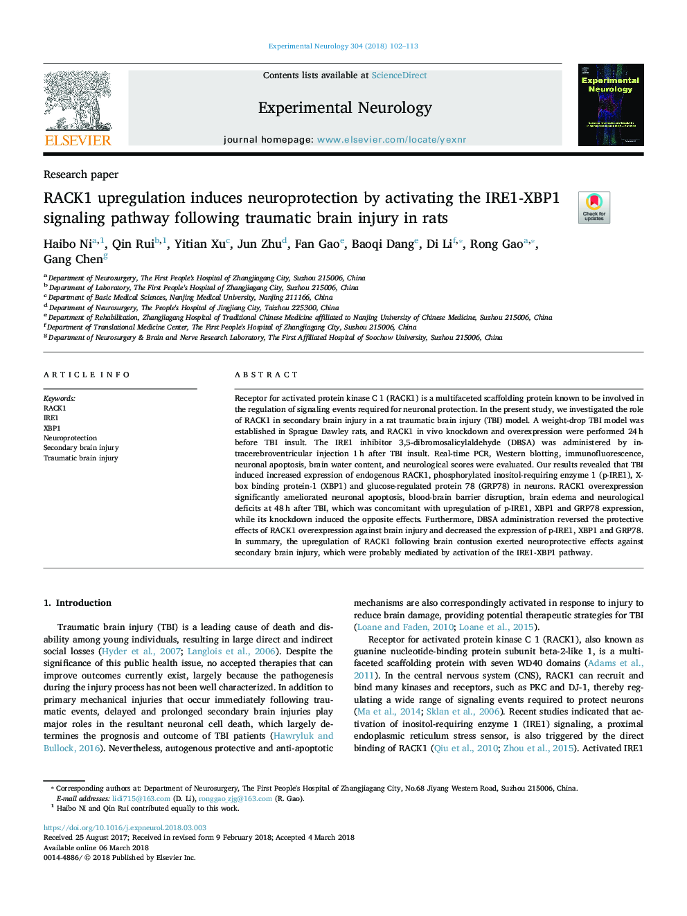 RACK1 upregulation induces neuroprotection by activating the IRE1-XBP1 signaling pathway following traumatic brain injury in rats