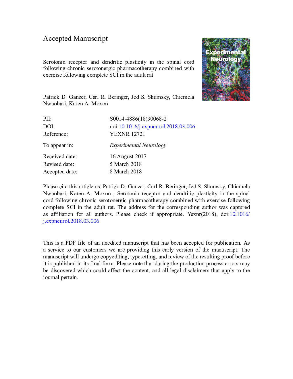 Serotonin receptor and dendritic plasticity in the spinal cord mediated by chronic serotonergic pharmacotherapy combined with exercise following complete SCI in the adult rat