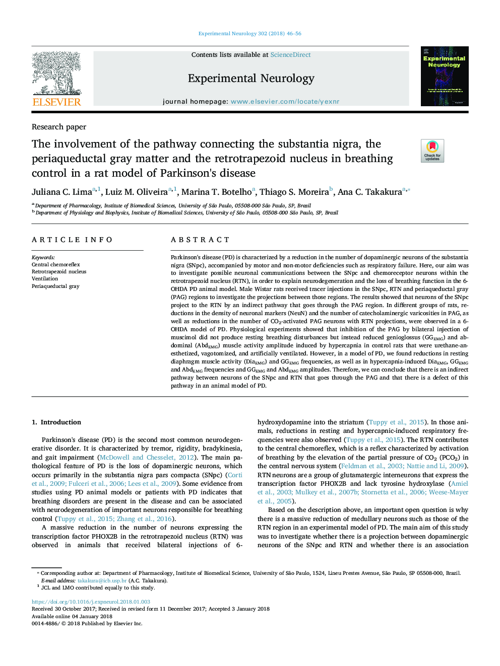 The involvement of the pathway connecting the substantia nigra, the periaqueductal gray matter and the retrotrapezoid nucleus in breathing control in a rat model of Parkinson's disease