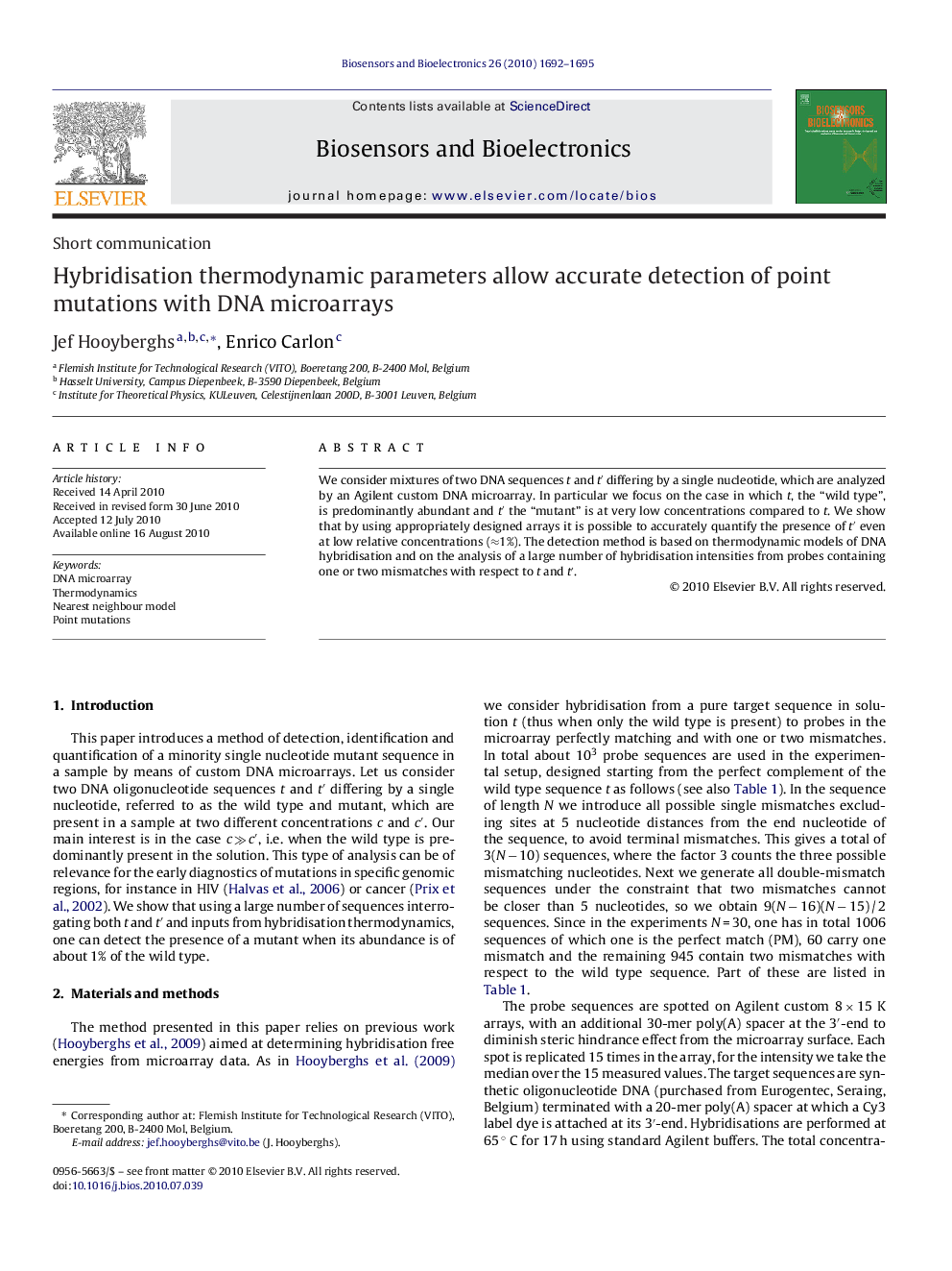 Hybridisation thermodynamic parameters allow accurate detection of point mutations with DNA microarrays