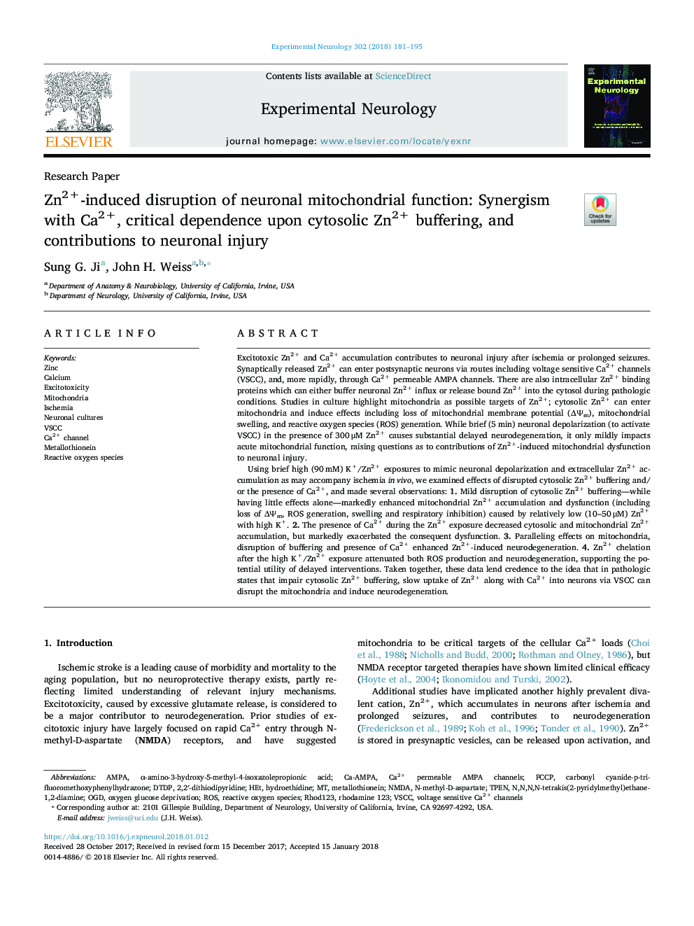 Zn2+-induced disruption of neuronal mitochondrial function: Synergism with Ca2+, critical dependence upon cytosolic Zn2+ buffering, and contributions to neuronal injury