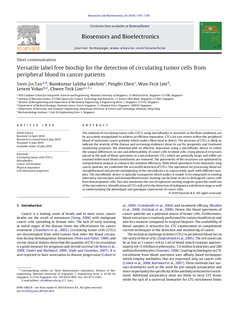 Versatile label free biochip for the detection of circulating tumor cells from peripheral blood in cancer patients