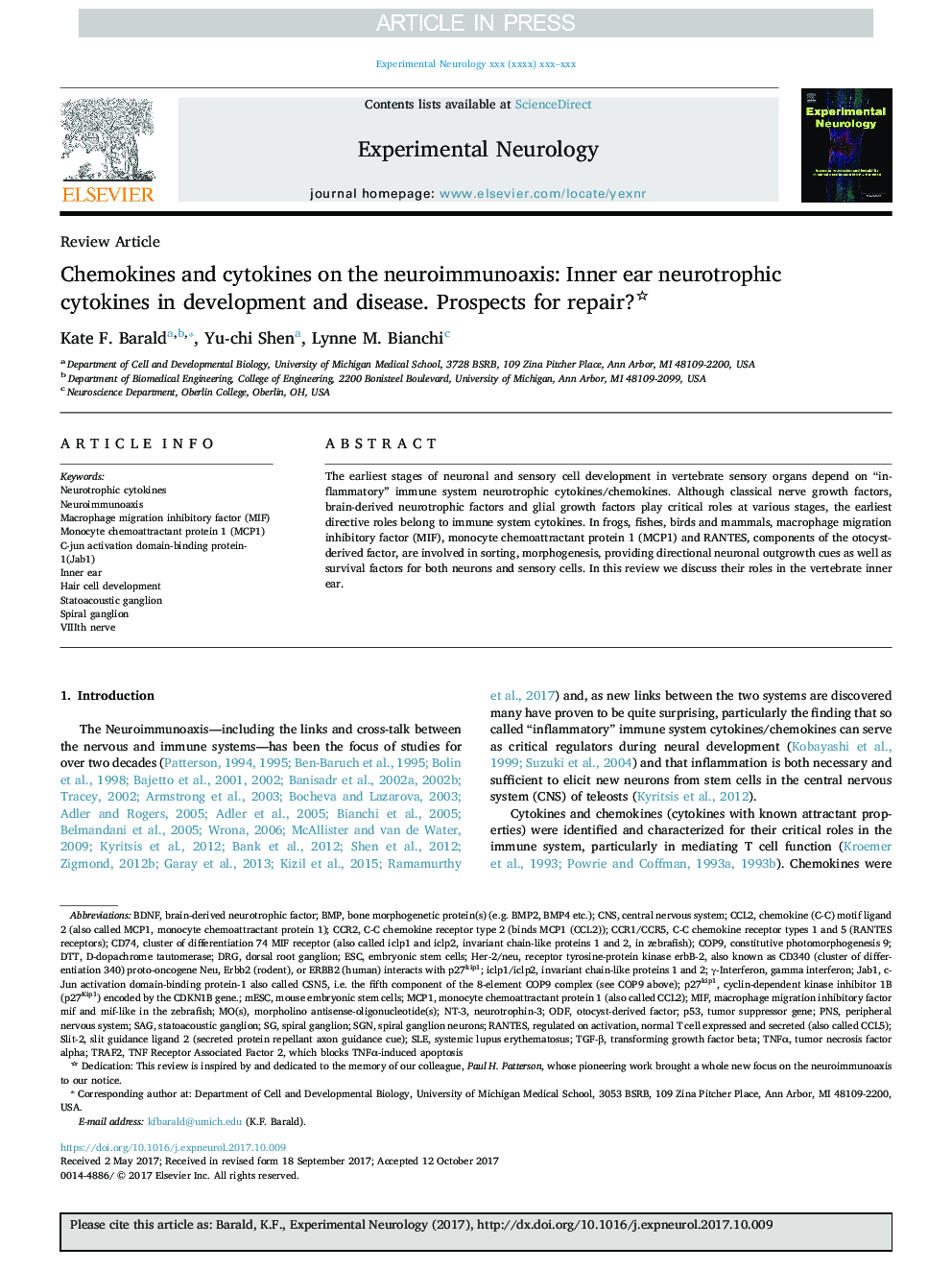 Chemokines and cytokines on the neuroimmunoaxis: Inner ear neurotrophic cytokines in development and disease. Prospects for repair?