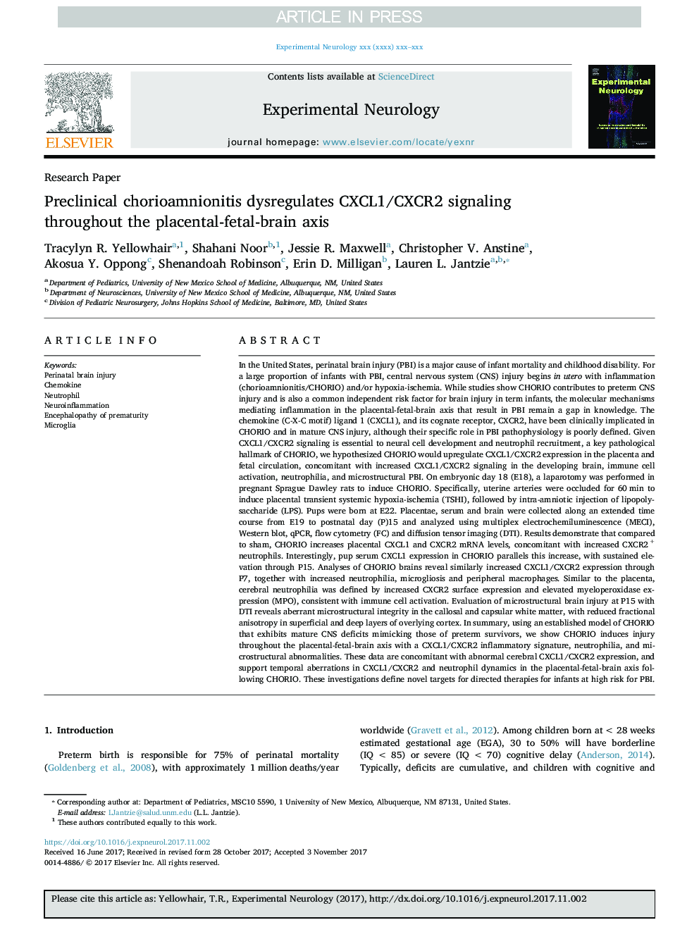 Preclinical chorioamnionitis dysregulates CXCL1/CXCR2 signaling throughout the placental-fetal-brain axis