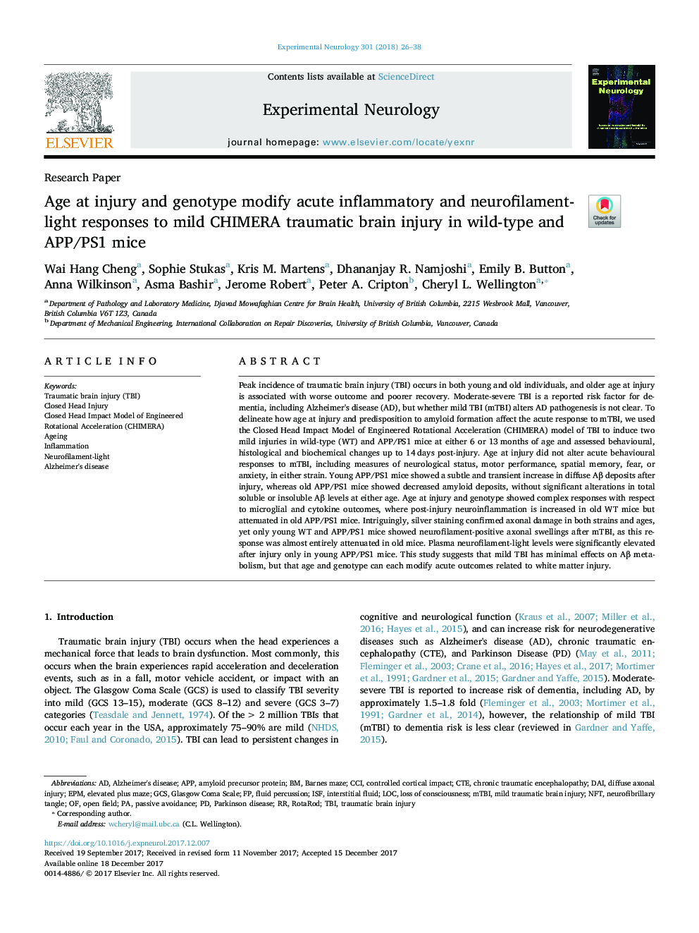 Age at injury and genotype modify acute inflammatory and neurofilament-light responses to mild CHIMERA traumatic brain injury in wild-type and APP/PS1 mice