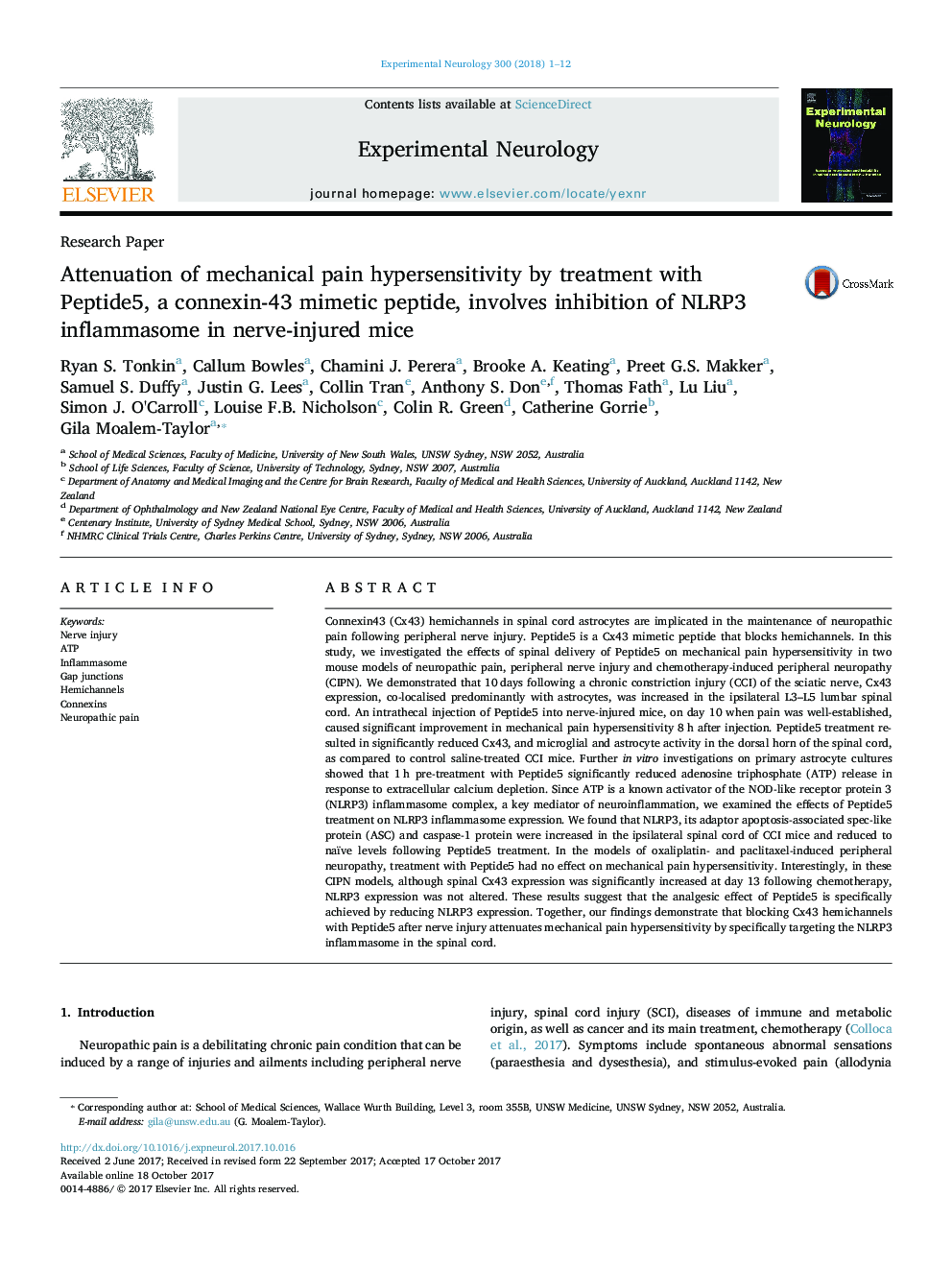 Attenuation of mechanical pain hypersensitivity by treatment with Peptide5, a connexin-43 mimetic peptide, involves inhibition of NLRP3 inflammasome in nerve-injured mice