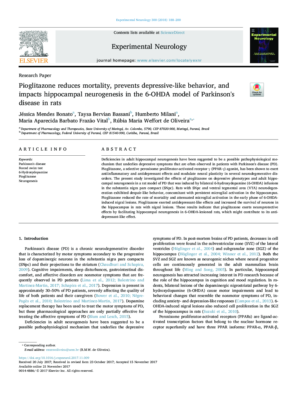 Pioglitazone reduces mortality, prevents depressive-like behavior, and impacts hippocampal neurogenesis in the 6-OHDA model of Parkinson's disease in rats