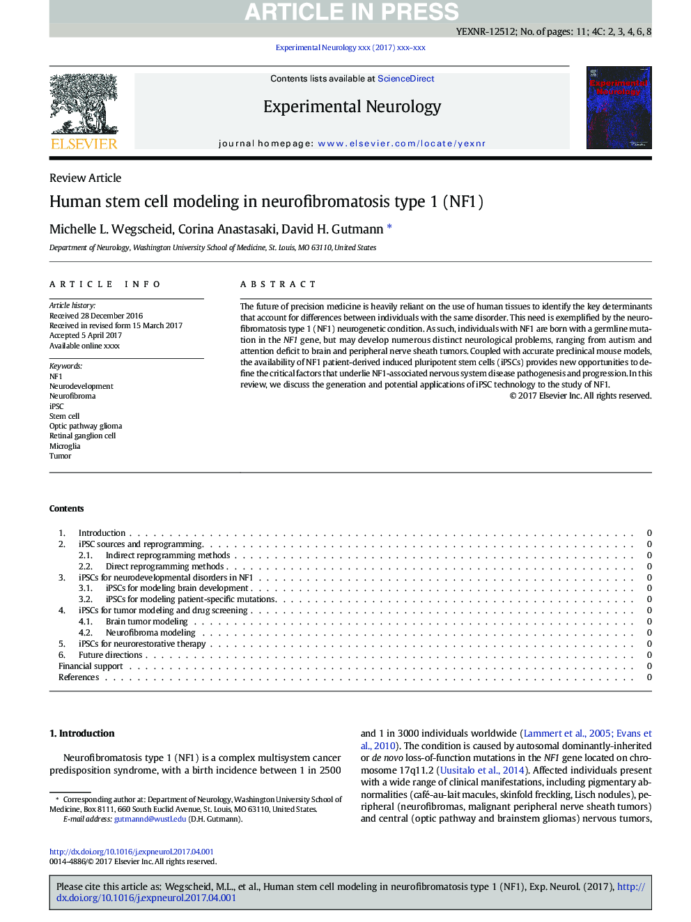 Human stem cell modeling in neurofibromatosis type 1 (NF1)