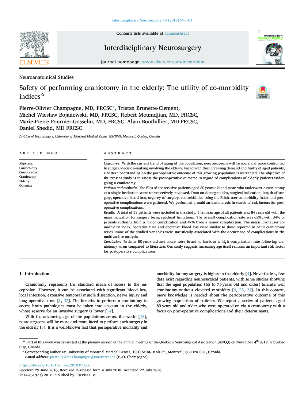 Safety of performing craniotomy in the elderly: The utility of co-morbidity indices
