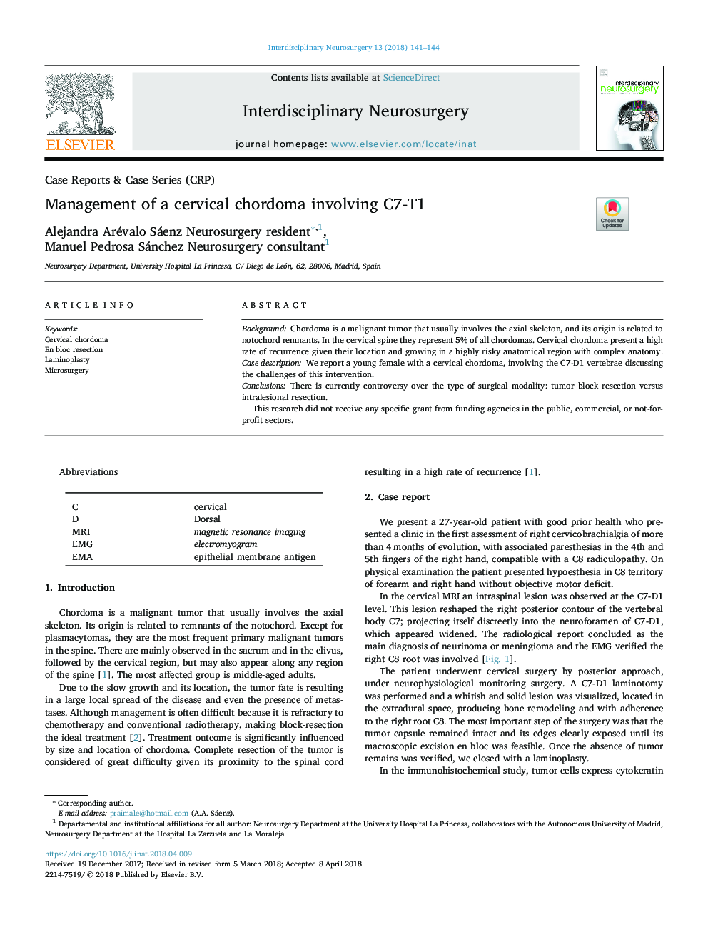 Management of a cervical chordoma involving C7-T1