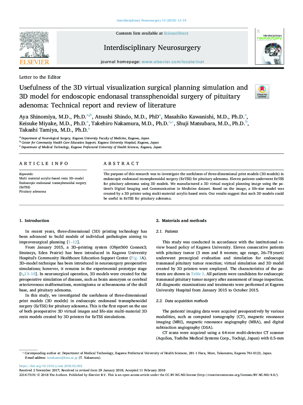 Usefulness of the 3D virtual visualization surgical planning simulation and 3D model for endoscopic endonasal transsphenoidal surgery of pituitary adenoma: Technical report and review of literature
