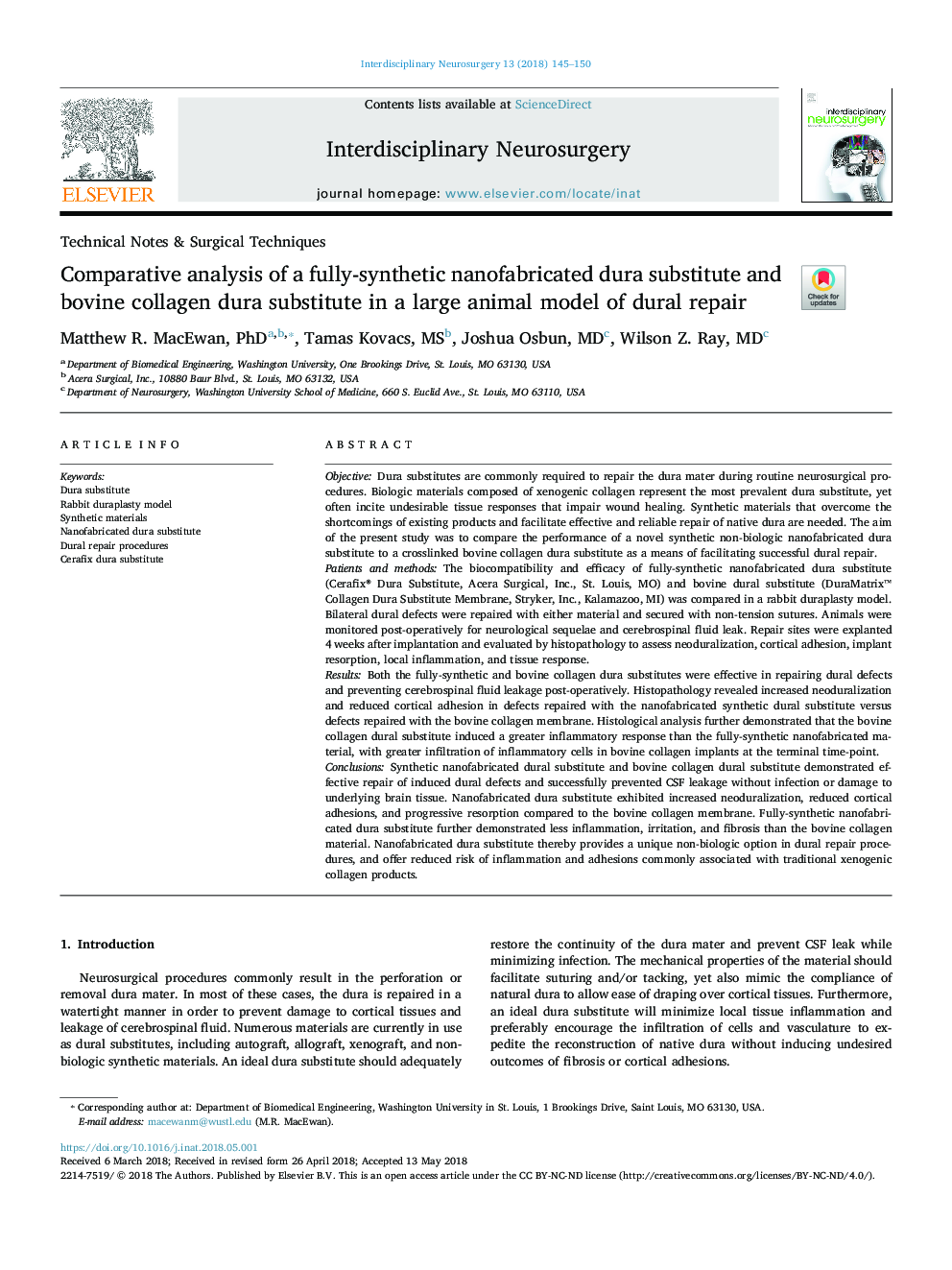 Comparative analysis of a fully-synthetic nanofabricated dura substitute and bovine collagen dura substitute in a large animal model of dural repair