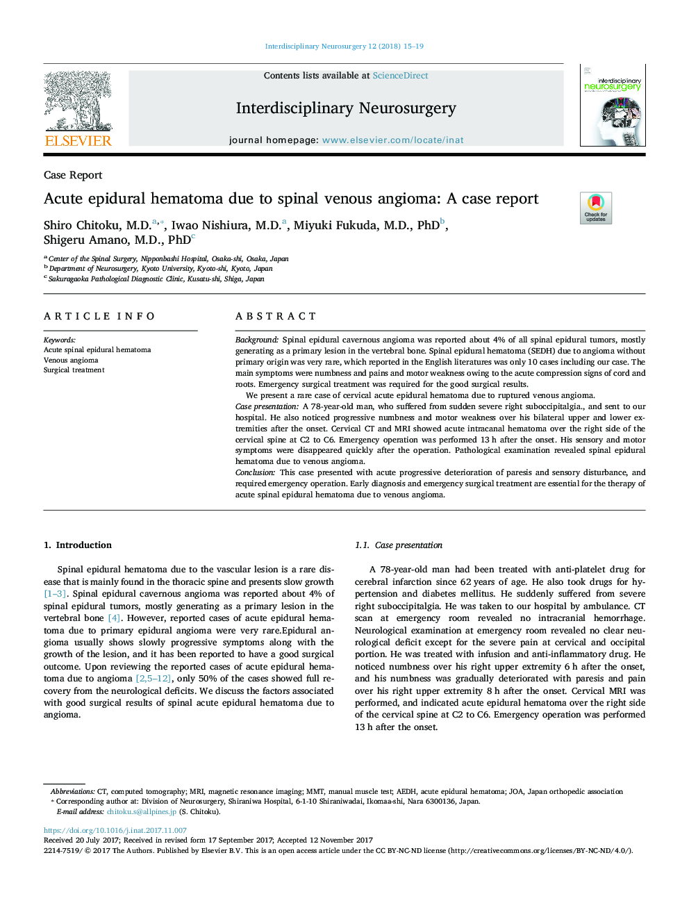 Acute epidural hematoma due to spinal venous angioma: A case report