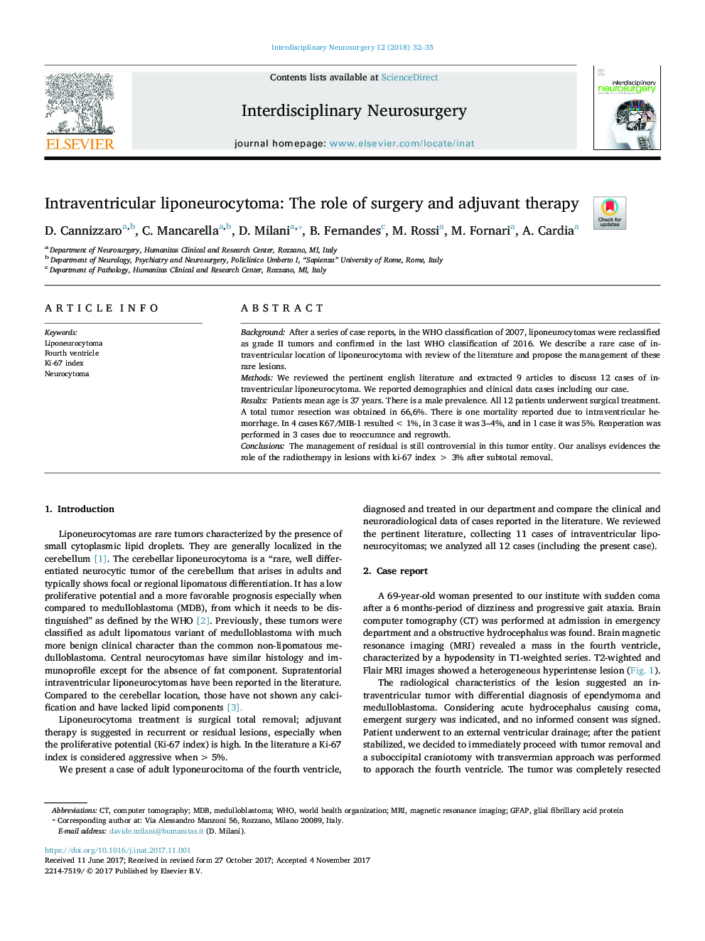 Intraventricular liponeurocytoma: The role of surgery and adjuvant therapy