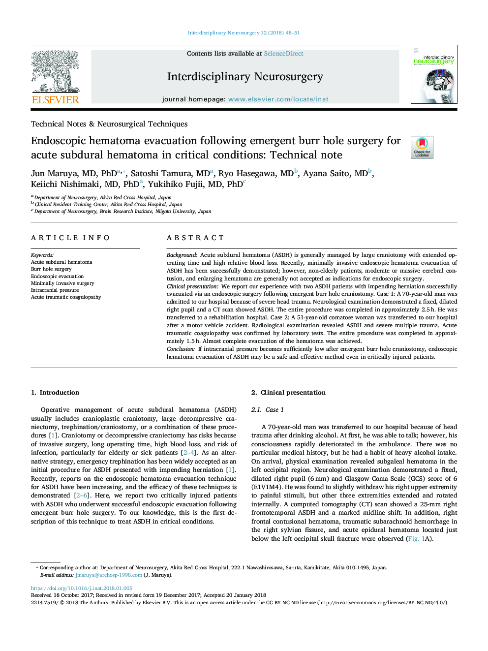 Endoscopic hematoma evacuation following emergent burr hole surgery for acute subdural hematoma in critical conditions: Technical note