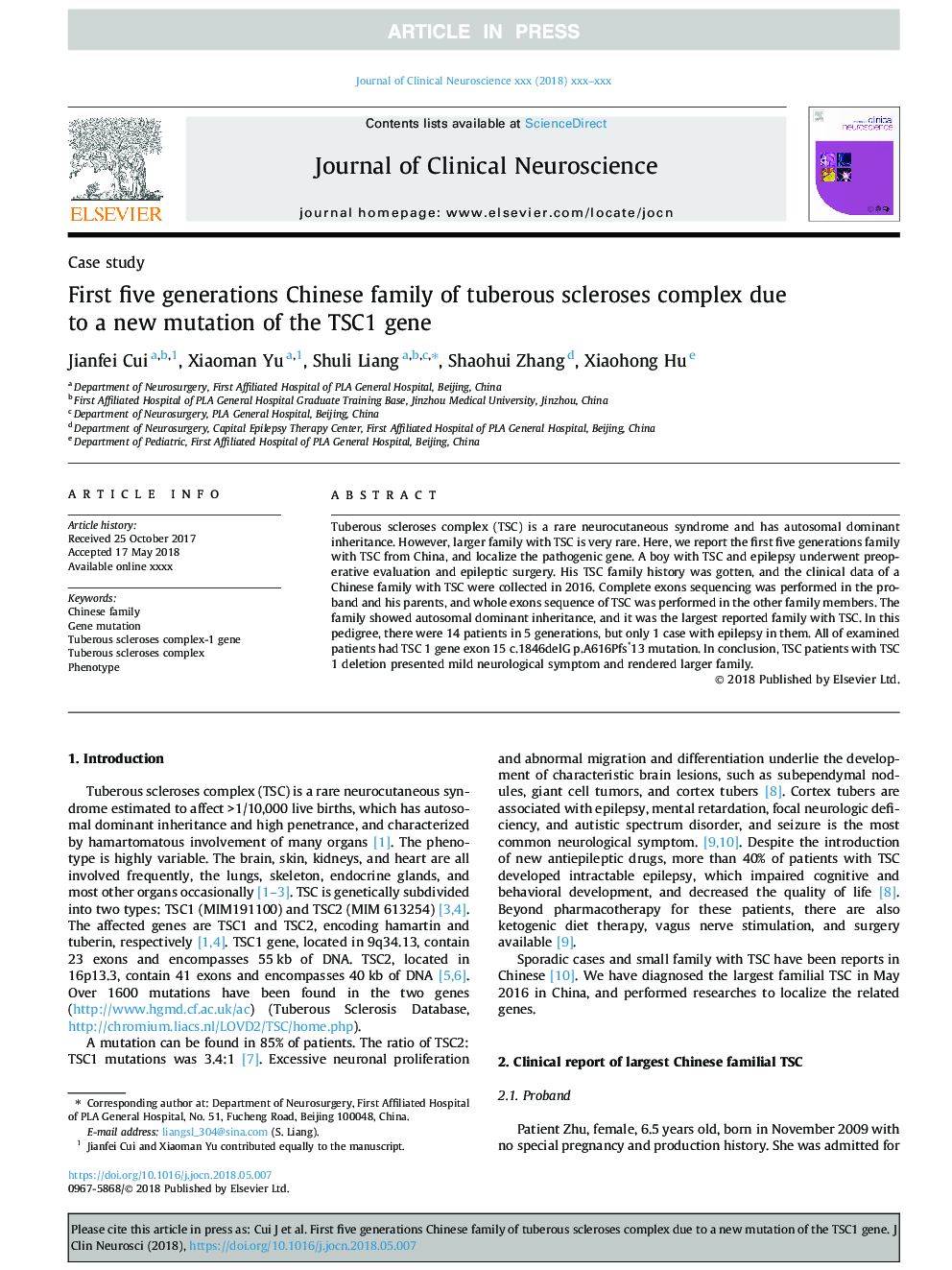 First five generations Chinese family of tuberous scleroses complex due to a new mutation of the TSC1 gene