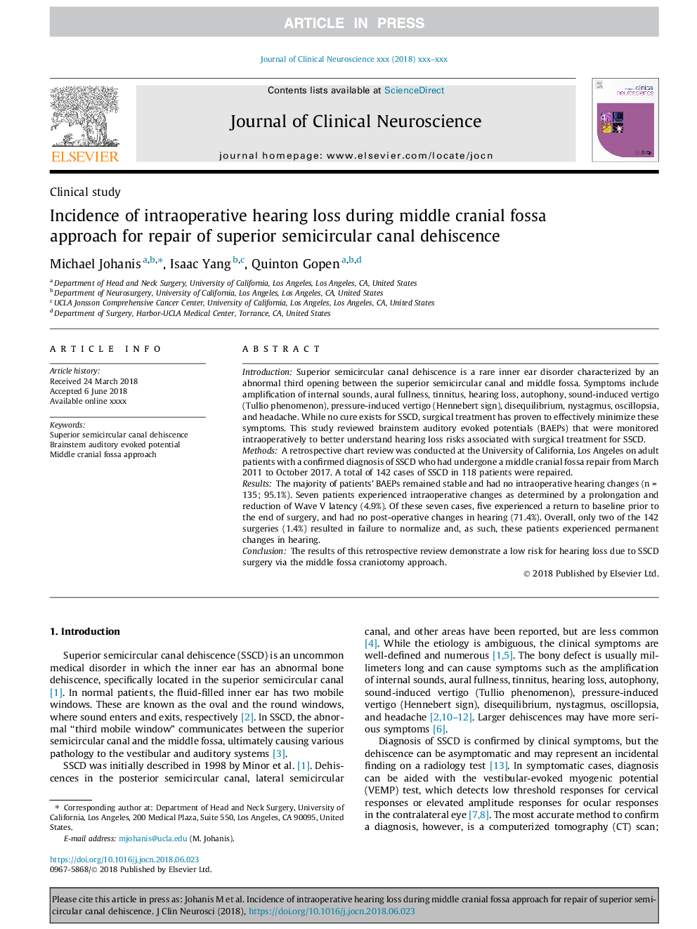 Incidence of intraoperative hearing loss during middle cranial fossa approach for repair of superior semicircular canal dehiscence