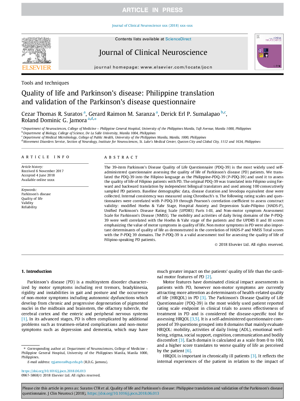 Quality of life and Parkinson's disease: Philippine translation and validation of the Parkinson's disease questionnaire