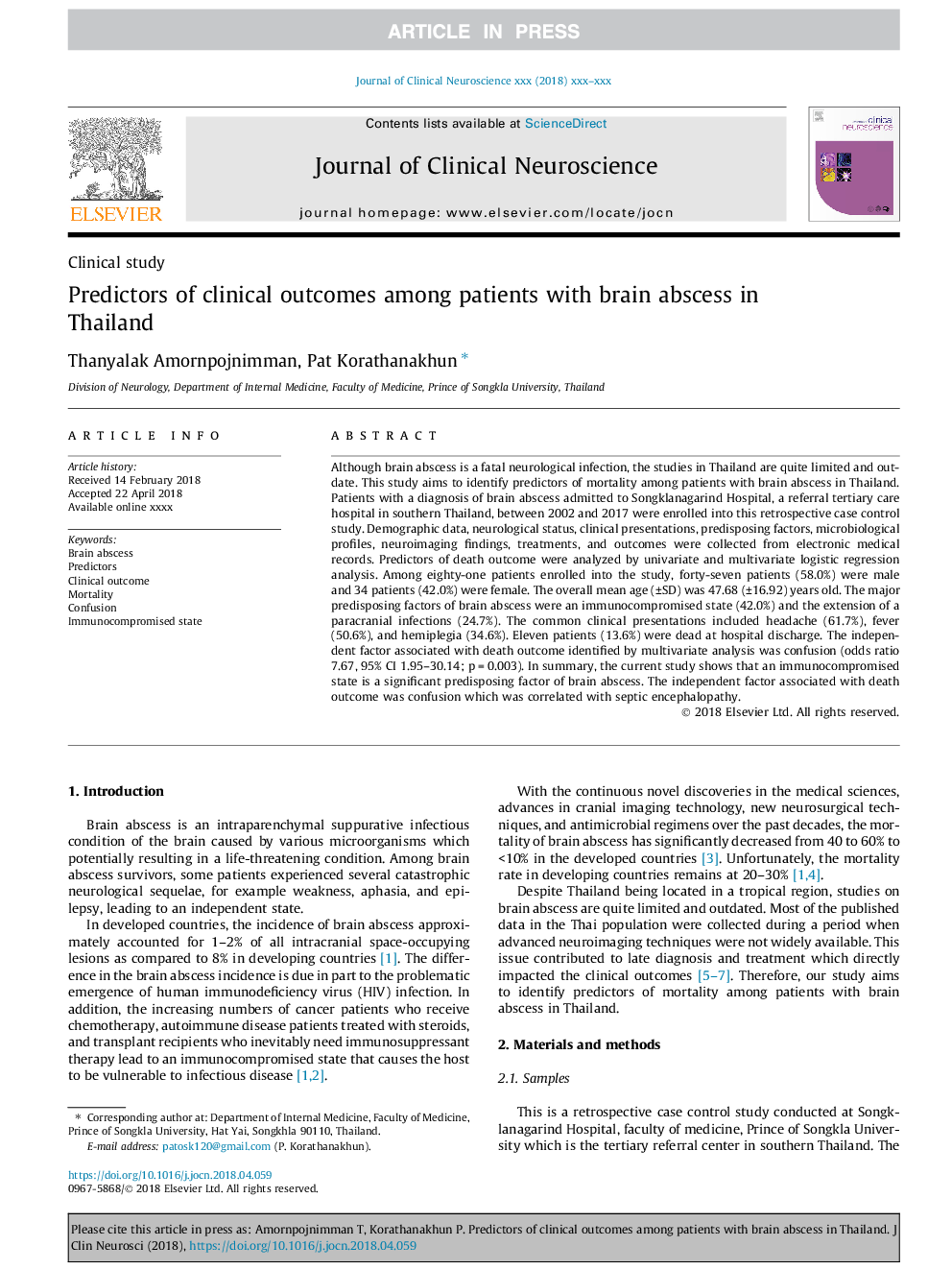 Predictors of clinical outcomes among patients with brain abscess in Thailand