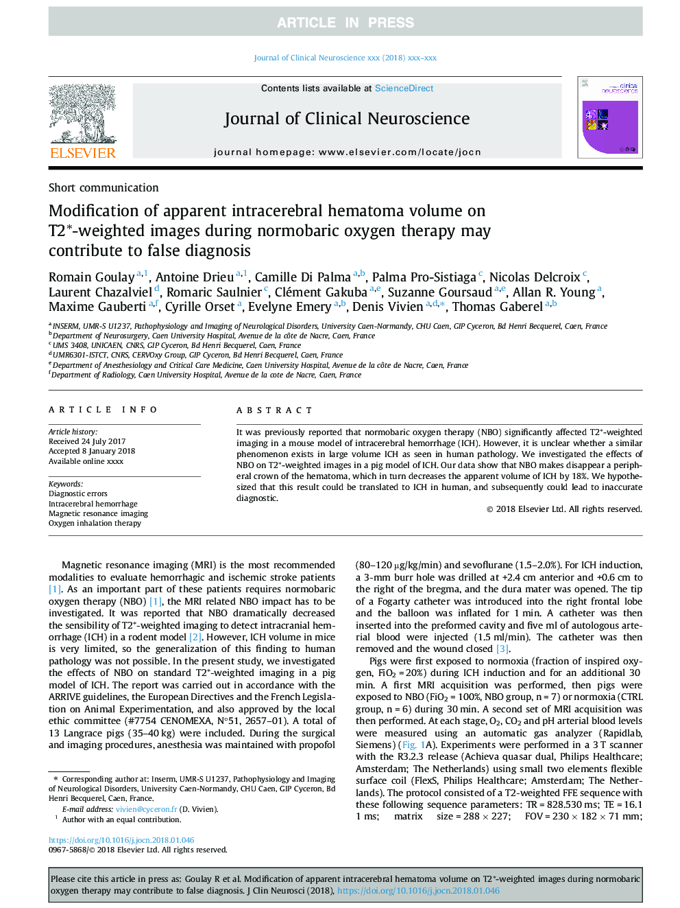 Modification of apparent intracerebral hematoma volume on T2â-weighted images during normobaric oxygen therapy may contribute to false diagnosis