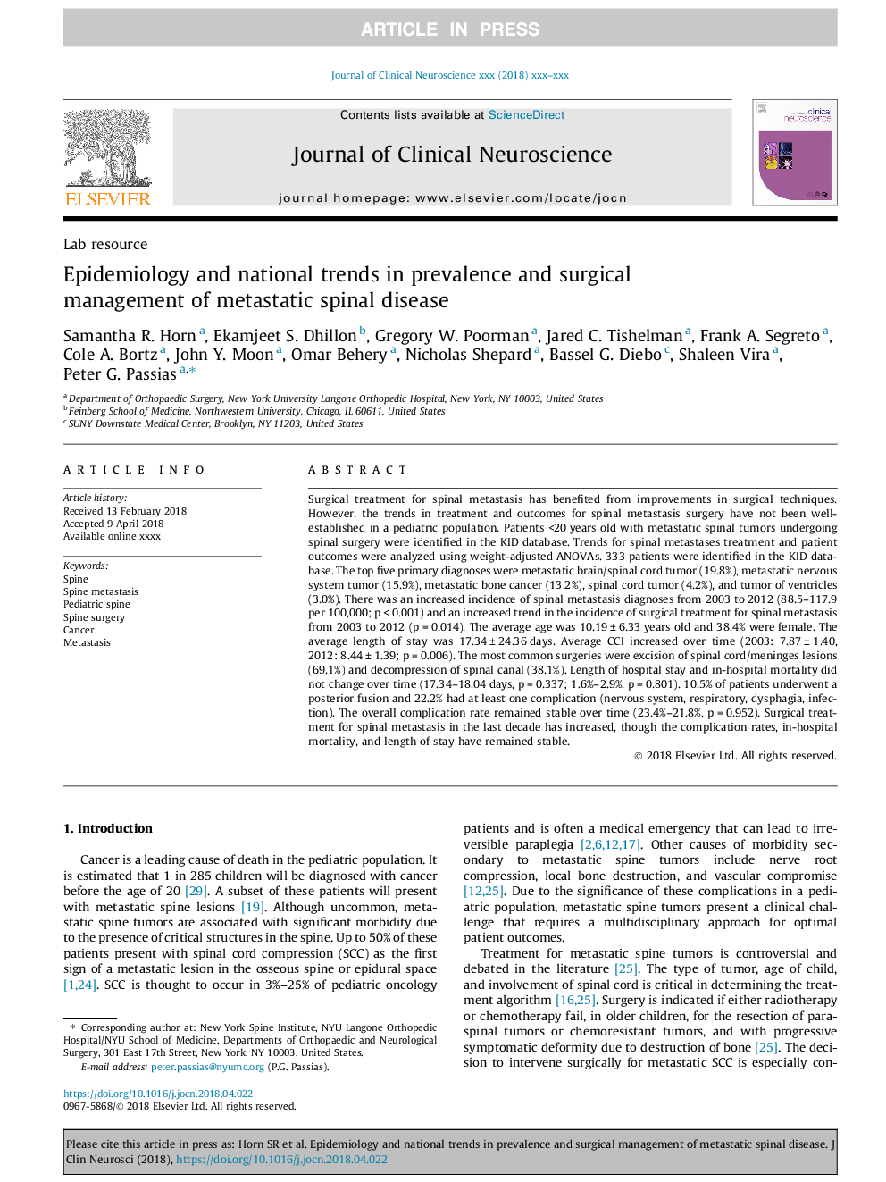 Epidemiology and national trends in prevalence and surgical management of metastatic spinal disease