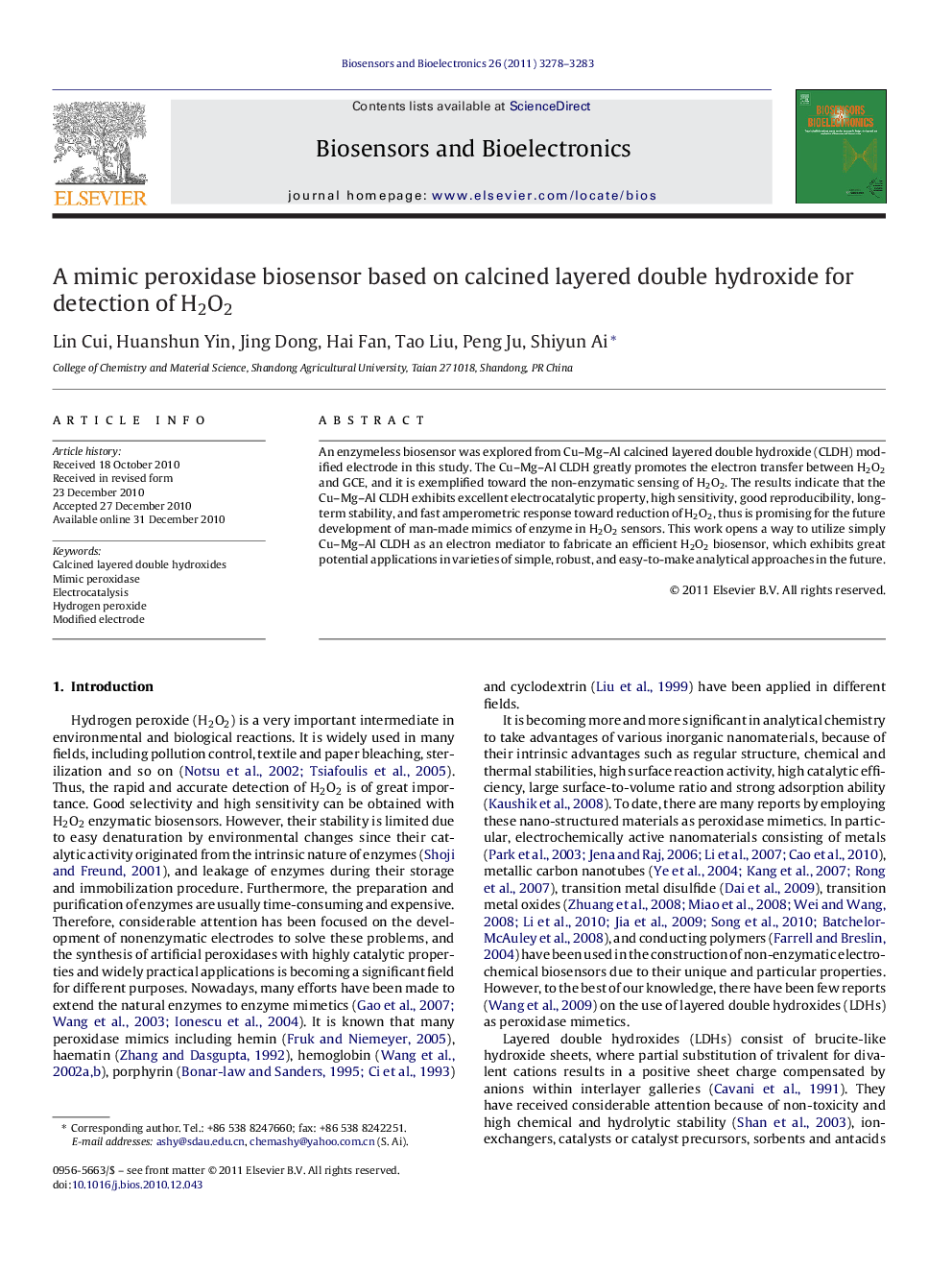 A mimic peroxidase biosensor based on calcined layered double hydroxide for detection of H2O2