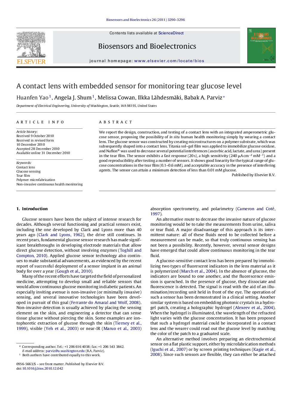 A contact lens with embedded sensor for monitoring tear glucose level