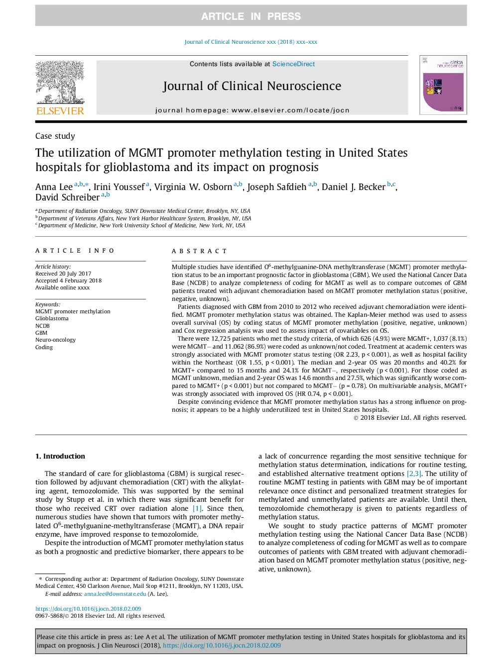 The utilization of MGMT promoter methylation testing in United States hospitals for glioblastoma and its impact on prognosis