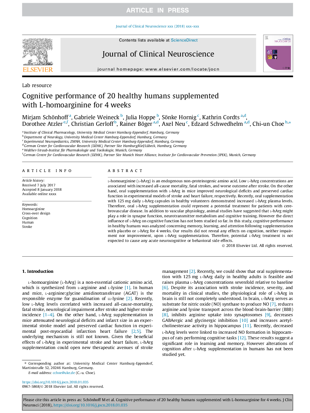 Cognitive performance of 20 healthy humans supplemented with L-homoarginine for 4â¯weeks