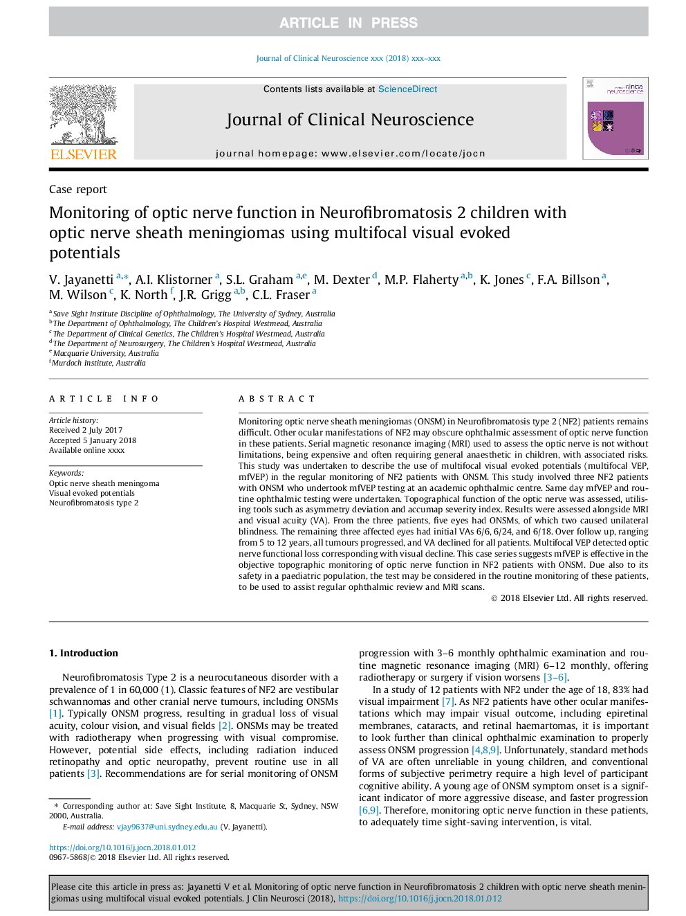 Monitoring of optic nerve function in Neurofibromatosis 2 children with optic nerve sheath meningiomas using multifocal visual evoked potentials