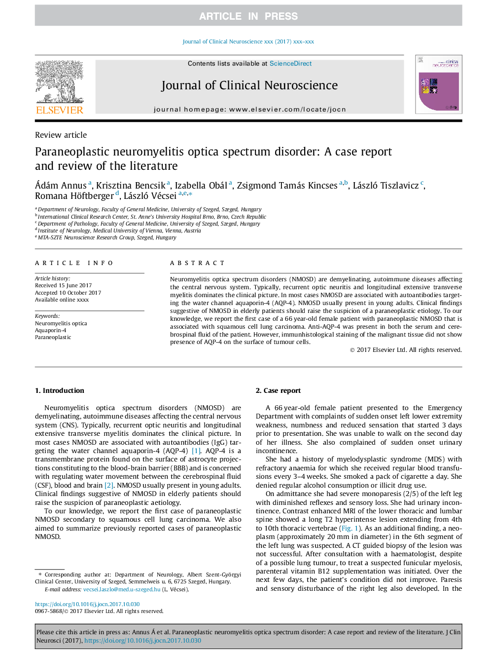 Paraneoplastic neuromyelitis optica spectrum disorder: A case report and review of the literature