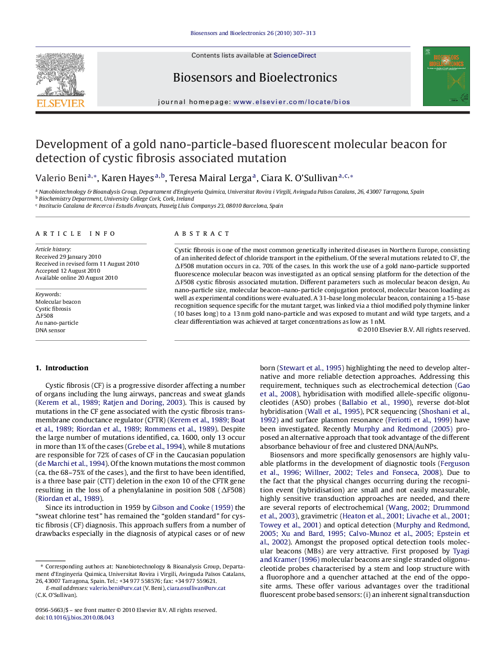 Development of a gold nano-particle-based fluorescent molecular beacon for detection of cystic fibrosis associated mutation