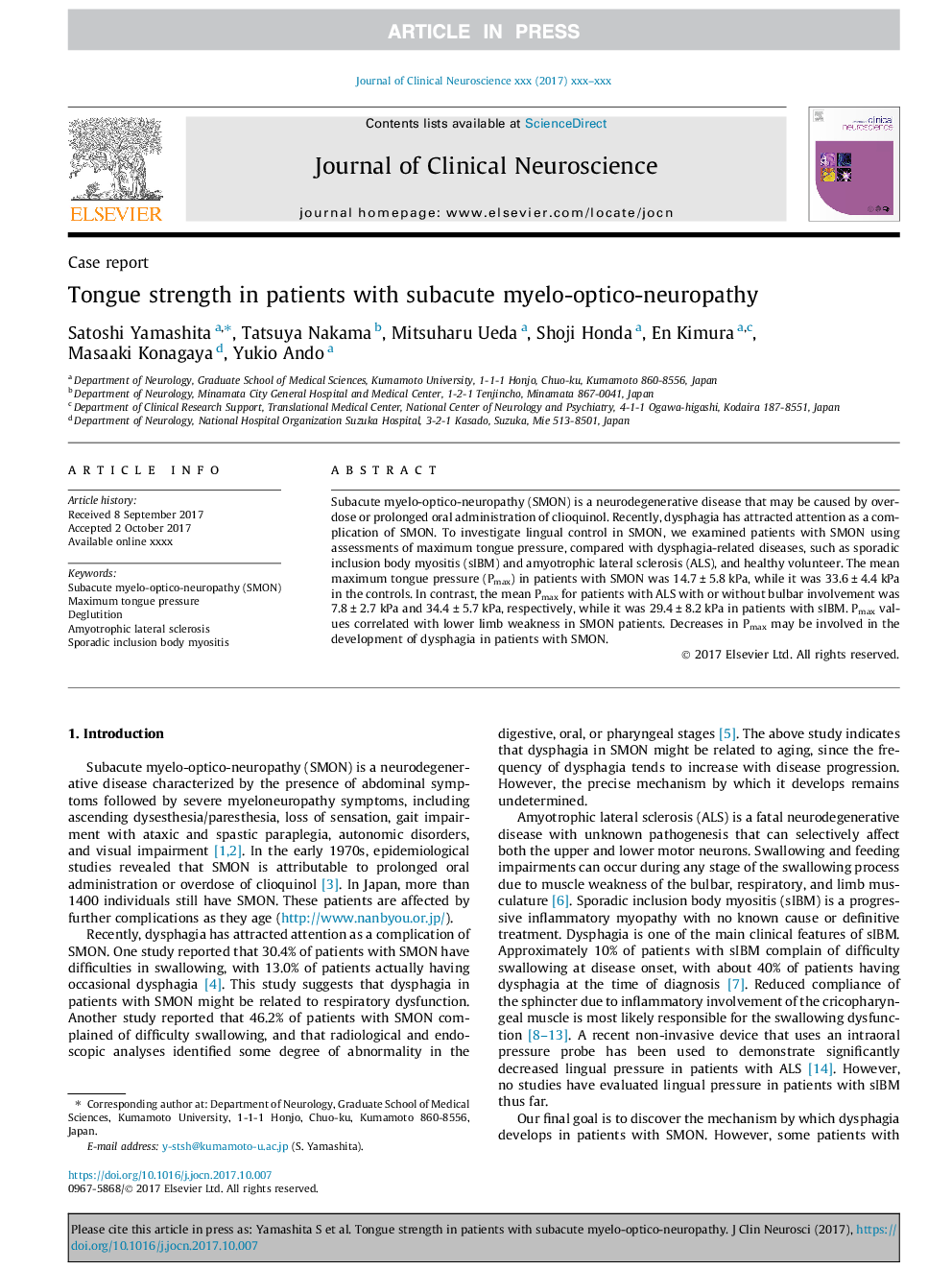 Tongue strength in patients with subacute myelo-optico-neuropathy