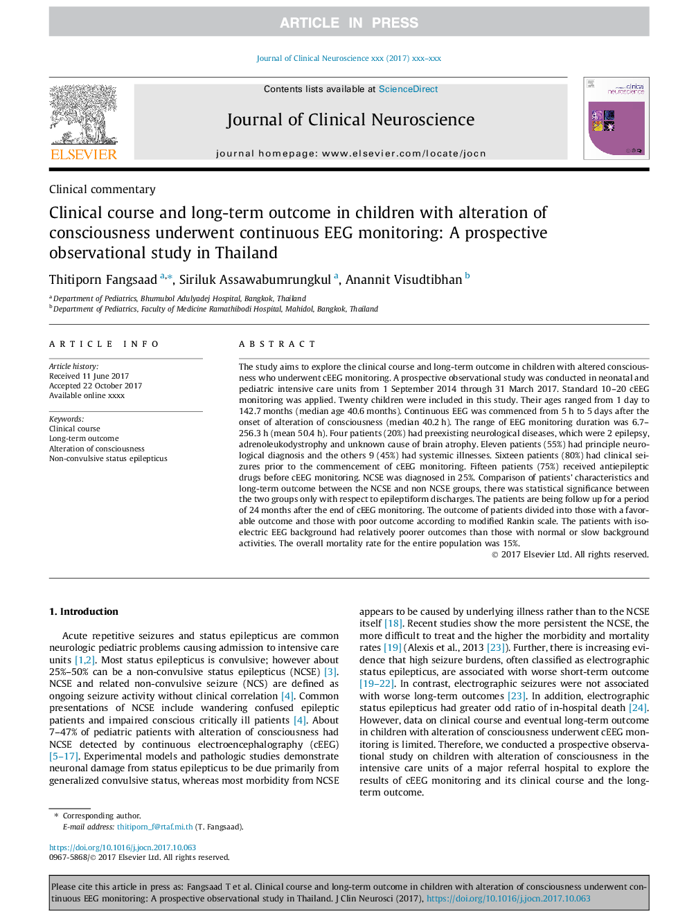 Clinical course and long-term outcome in children with alteration of consciousness underwent continuous EEG monitoring: A prospective observational study in Thailand