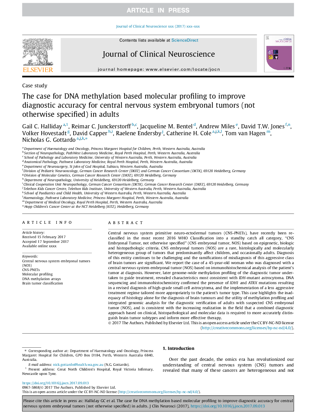 عکس صفحه اول مقاله: The case for DNA methylation based molecular profiling to improve diagnostic accuracy for central nervous system embryonal tumors (not otherwise specified) in adults The case for DNA methylation based molecular profiling to improve diagnostic accuracy for central nervous system embryonal tumors (not otherwise specified) in adults