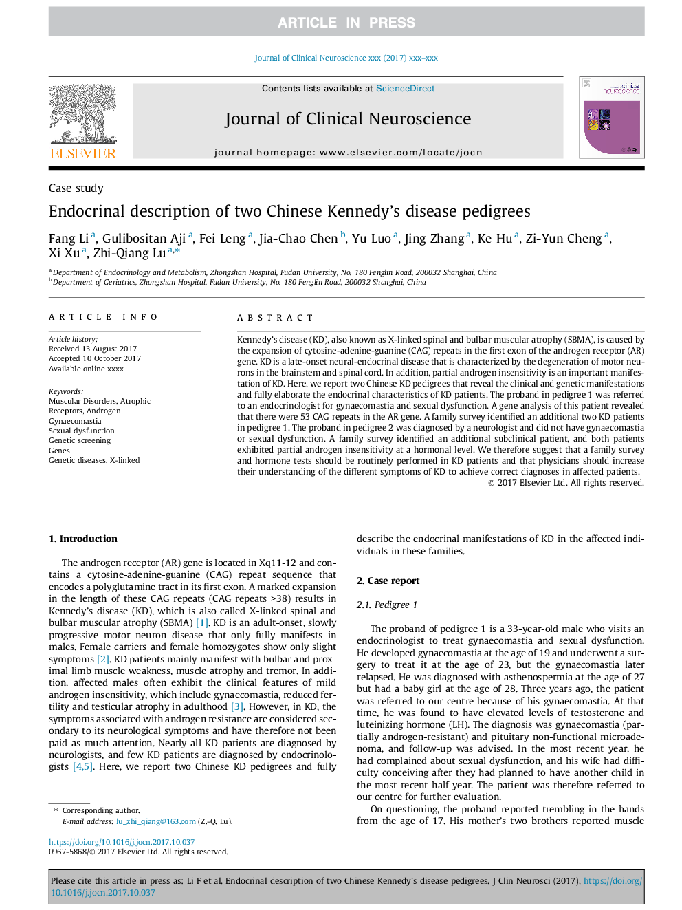 Endocrinal description of two Chinese Kennedy's disease pedigrees