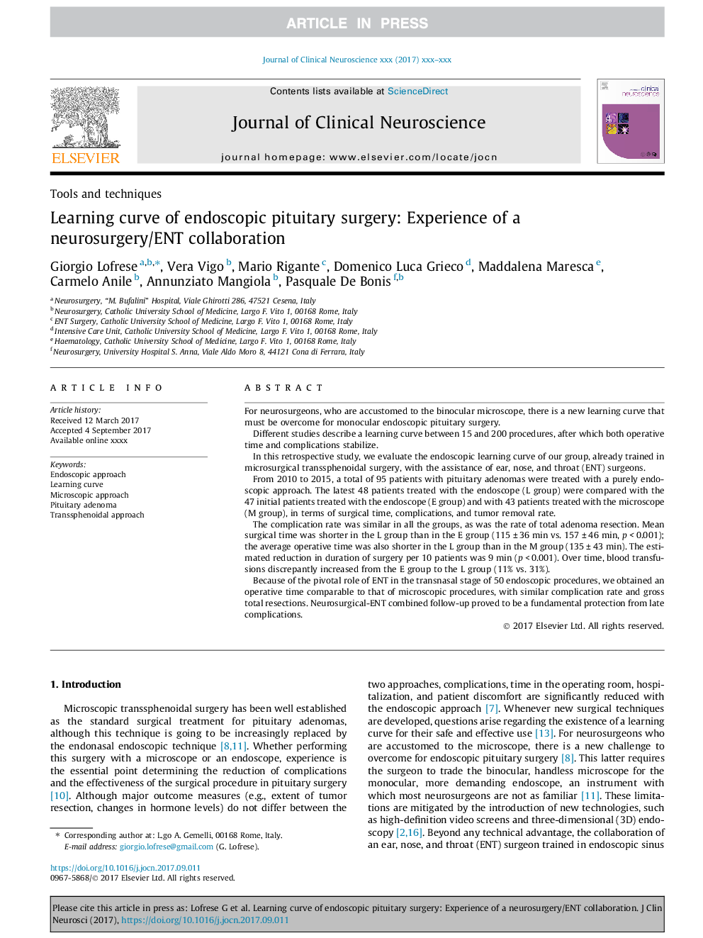 Learning curve of endoscopic pituitary surgery: Experience of a neurosurgery/ENT collaboration